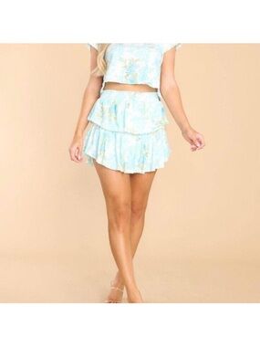 Loveshackfancy Ruffle Mini Skirt Smocked Cotton Tiered Flowy Beach L NWT Blue